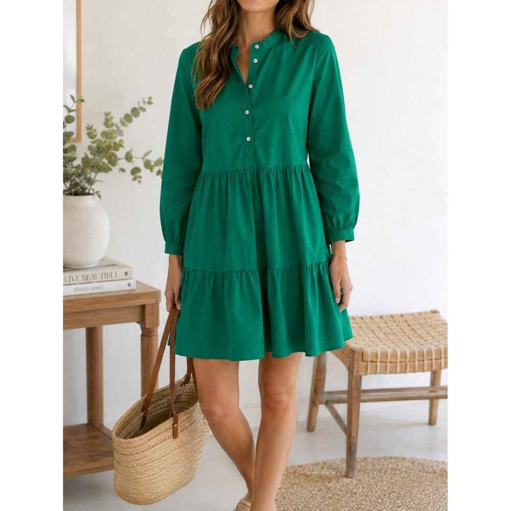 J.Crew Emerald Green Tiered Poplin Dress Small Coastal Cottagecore